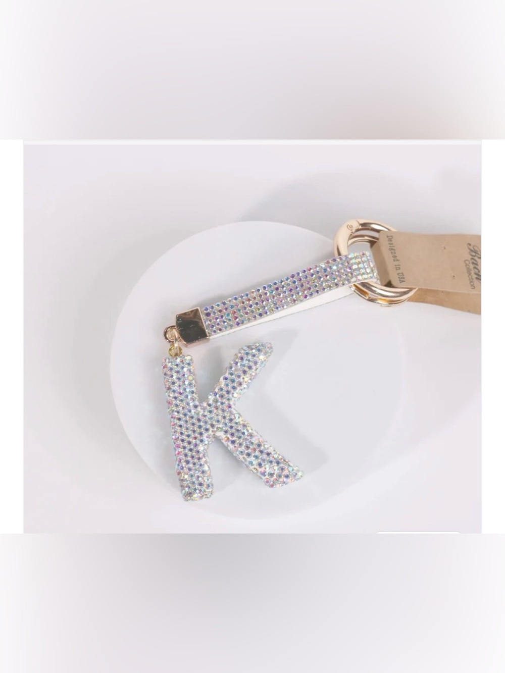 Crystal Initial K Keychain Charm - White Rhinestone